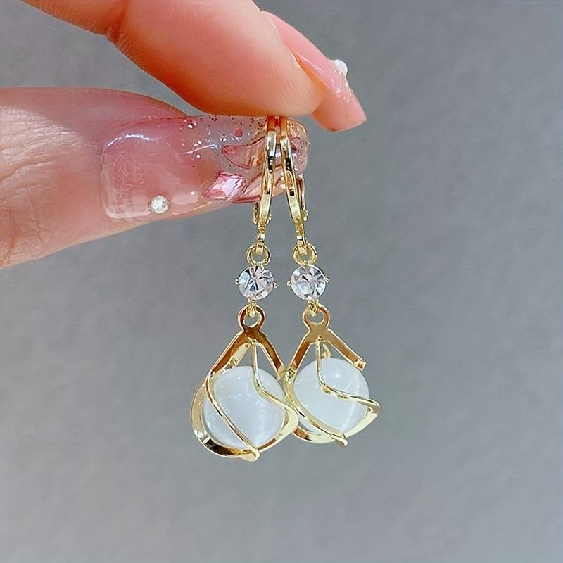 Golden Hanging Earrings with White Opal
