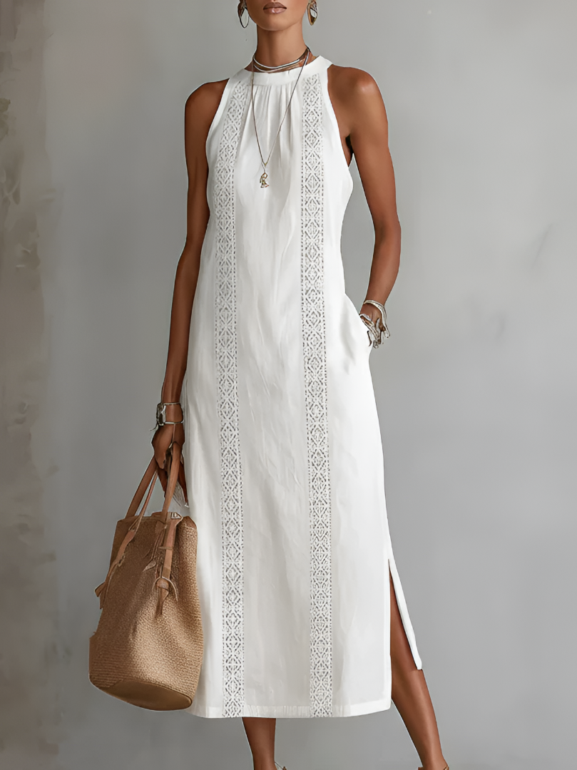 Hollis | Midi Dress in Linen with Mao Collar
