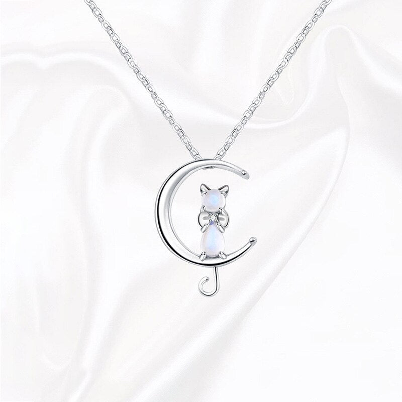 Moonstone Half Moon and Cat Necklace