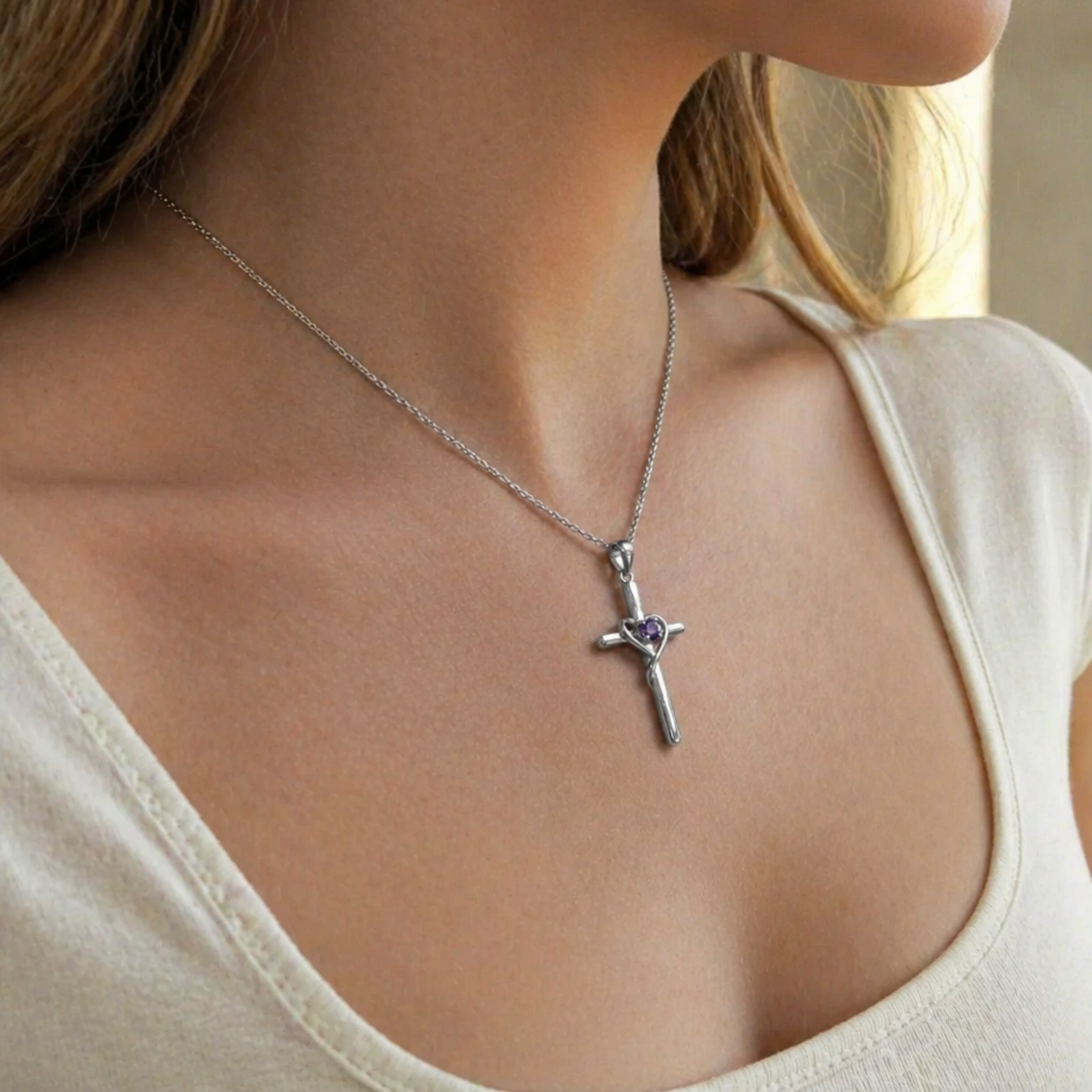 Genevieve | Amethyst Cross White Gold Necklace