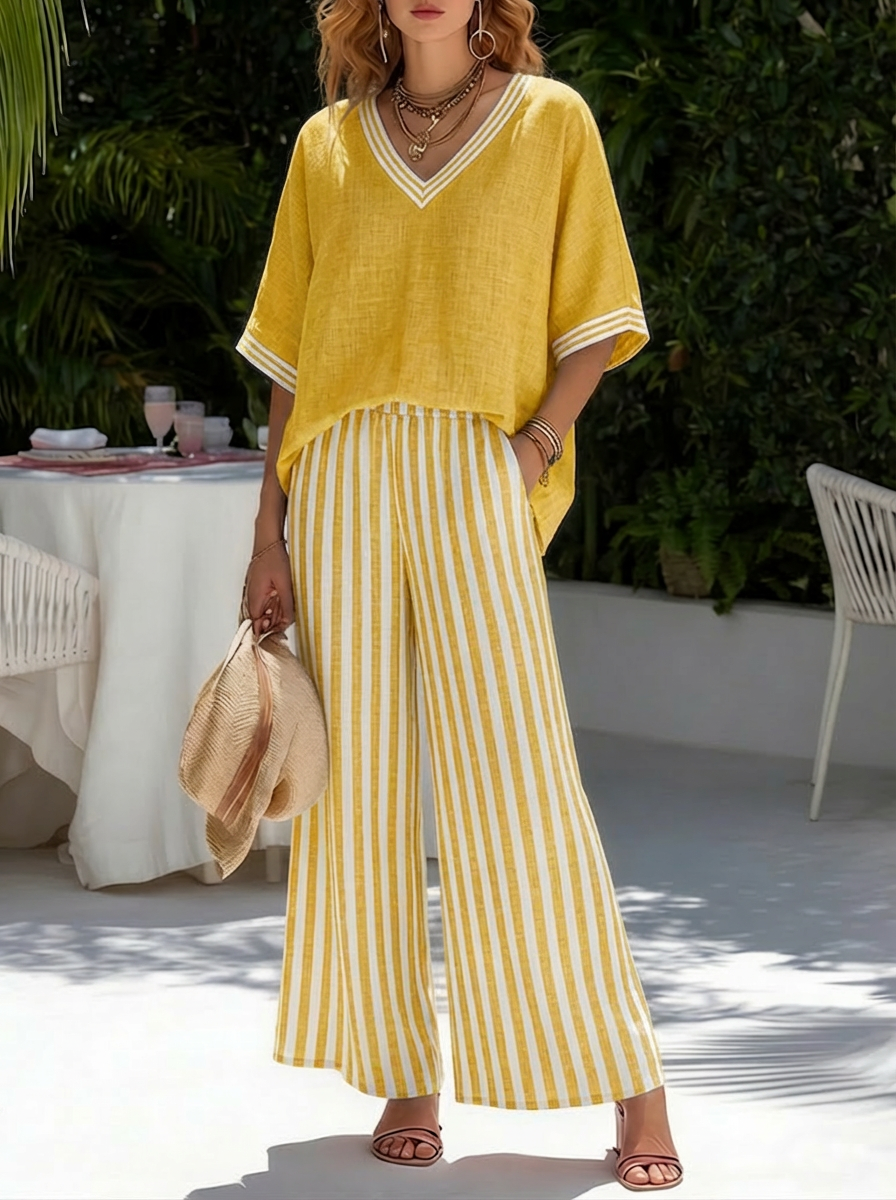 Rebecca | Stylish V-Neck and Stripe Pants Set