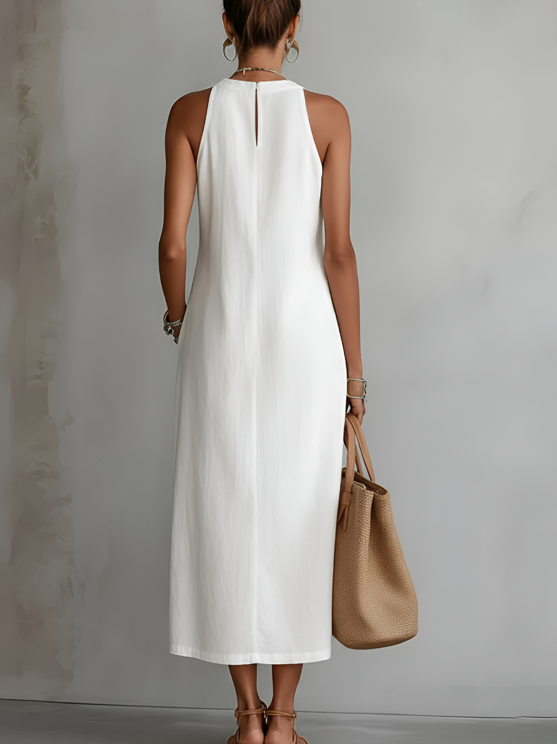 Hollis | Midi Dress in Linen with Mao Collar