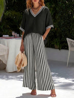 Rebecca | Stylish V-Neck and Stripe Pants Set