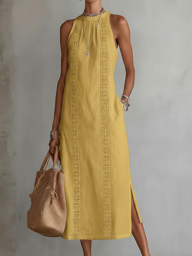 Hollis | Midi Dress in Linen with Mao Collar
