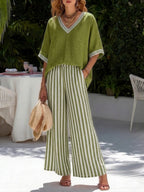 Rebecca | Stylish V-Neck and Stripe Pants Set