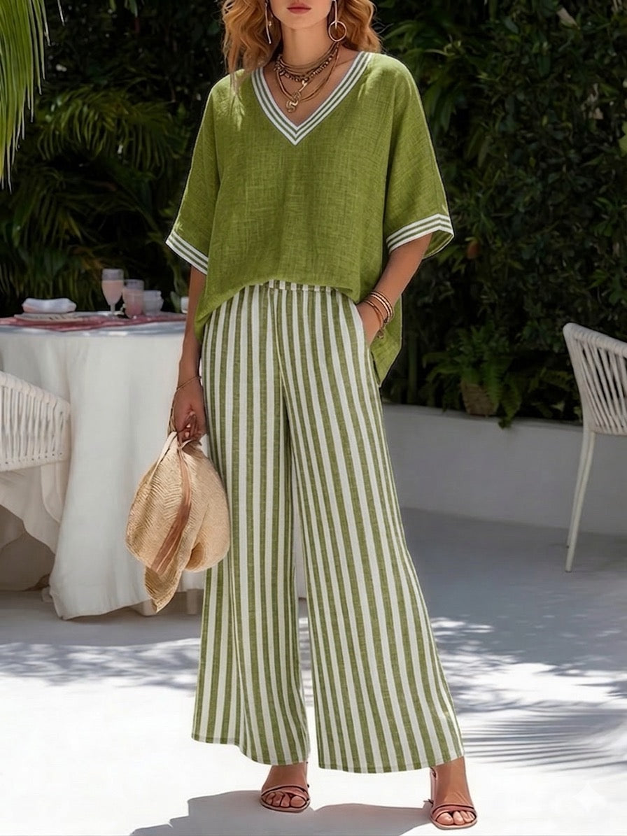 Rebecca | Stylish V-Neck and Stripe Pants Set