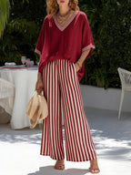 Rebecca | Stylish V-Neck and Stripe Pants Set