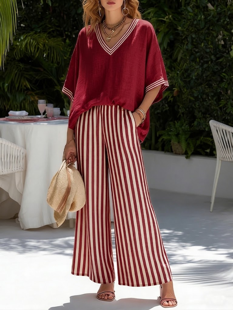 Rebecca | Stylish V-Neck and Stripe Pants Set