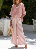 Rebecca | Stylish V-Neck and Stripe Pants Set