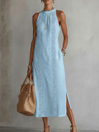 Hollis | Midi Dress in Linen with Mao Collar