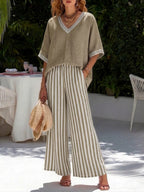 Rebecca | Stylish V-Neck and Stripe Pants Set