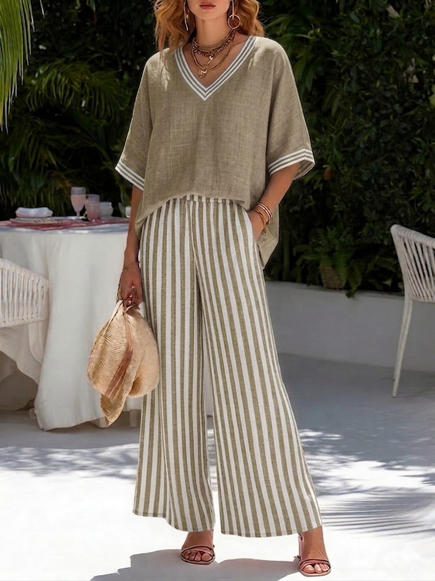 Rebecca | Stylish V-Neck and Stripe Pants Set
