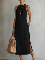 Hollis | Midi Dress in Linen with Mao Collar