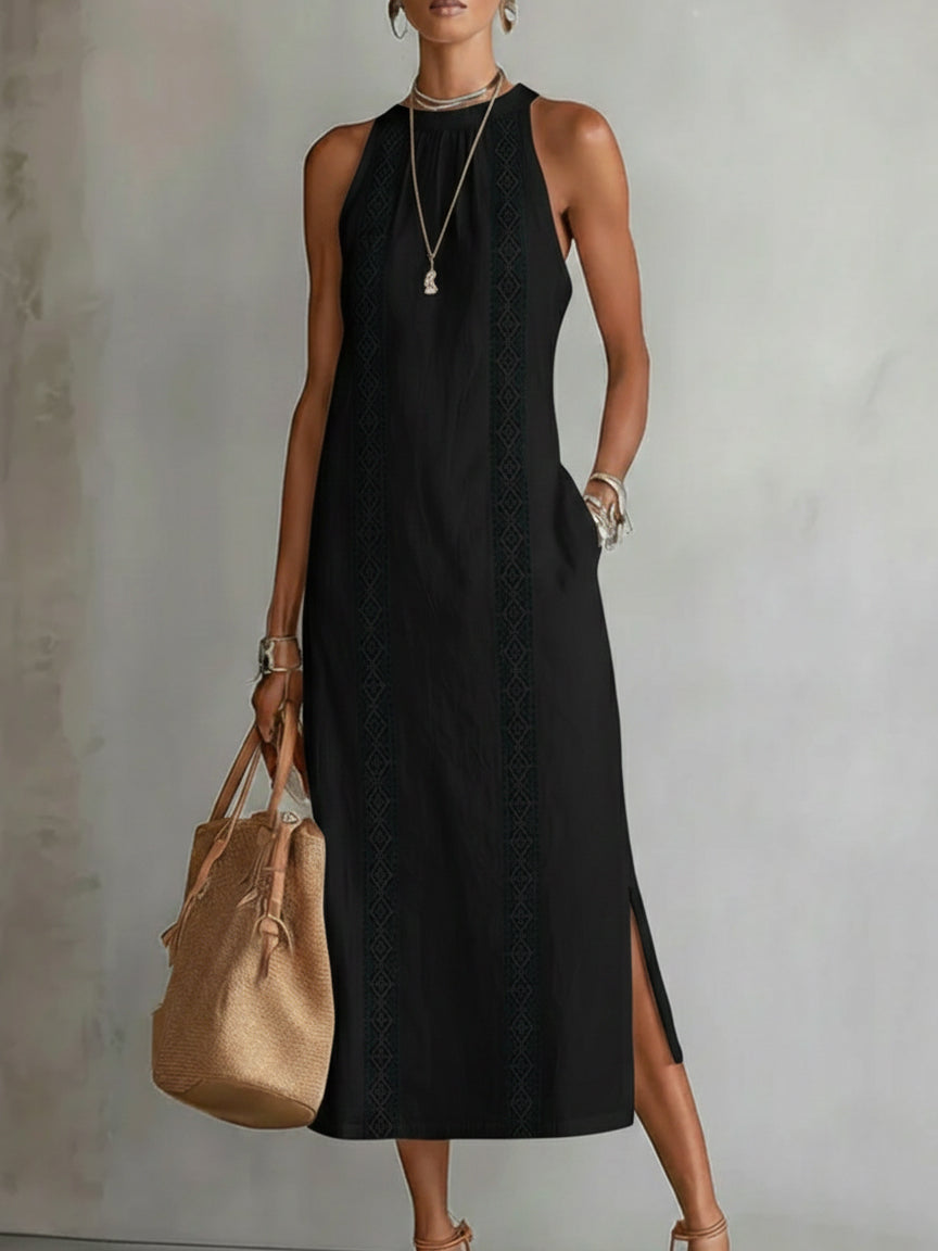 Hollis | Midi Dress in Linen with Mao Collar