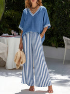 Rebecca | Stylish V-Neck and Stripe Pants Set