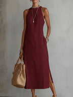 Hollis | Midi Dress in Linen with Mao Collar