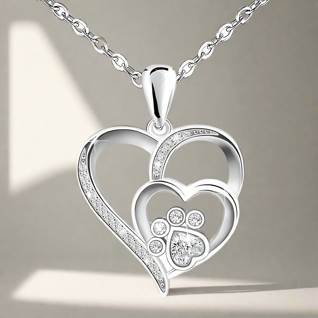Paw and Heart Necklace in Sterling Silver with Zirconia