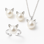 Beautiful Pearl Cat Necklace with Earrings Gift + Ring