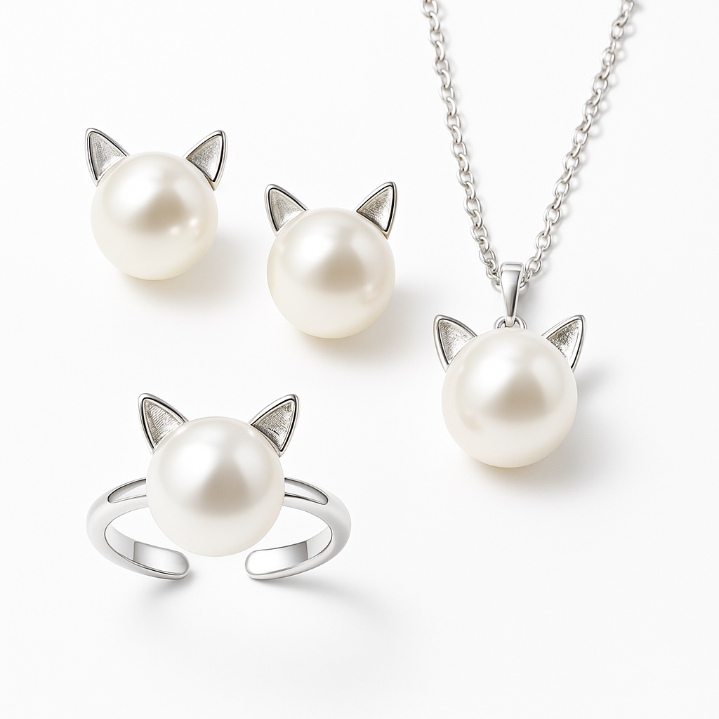 Beautiful Pearl Cat Necklace with Earrings Gift + Ring