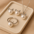 Beautiful Pearl Cat Necklace with Earrings Gift + Ring