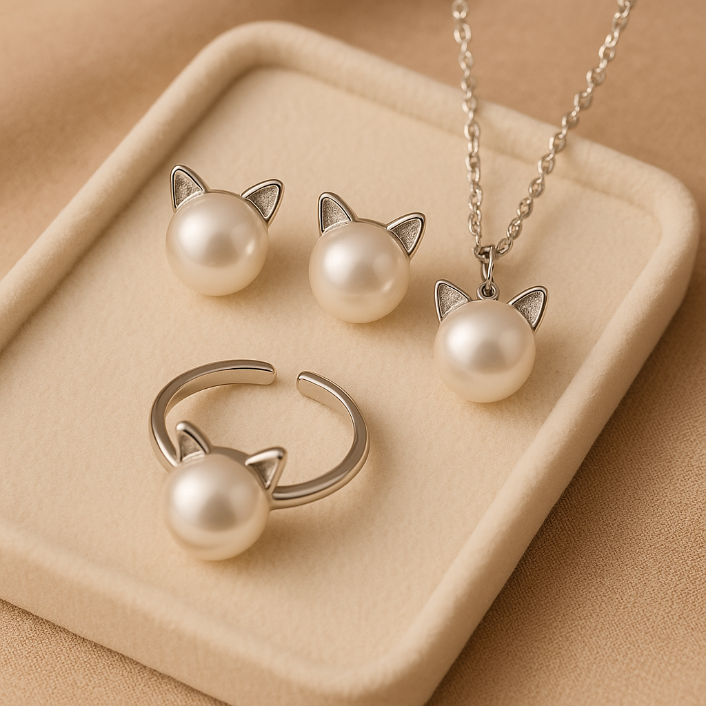 Beautiful Pearl Cat Necklace with Earrings Gift + Ring