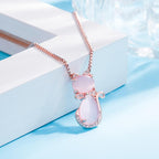 Cute Cat Necklace with Pink Stone and Zirconia