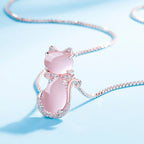 Cute Cat Necklace with Pink Stone and Zirconia