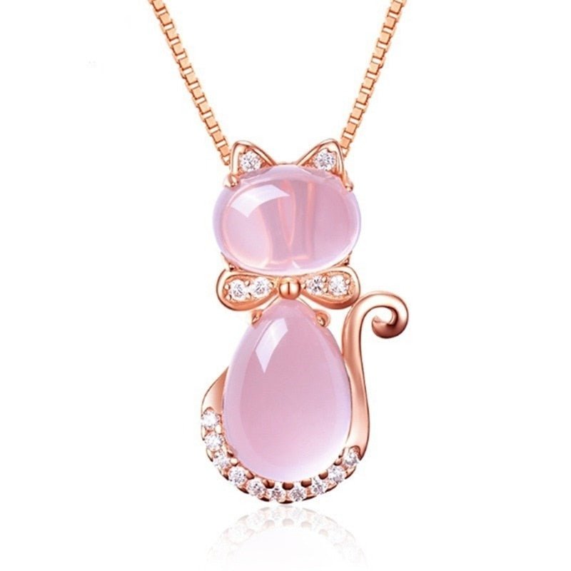 Cute Cat Necklace with Pink Stone and Zirconia