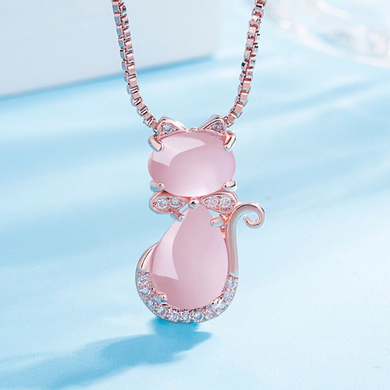 Cute Cat Necklace with Pink Stone and Zirconia