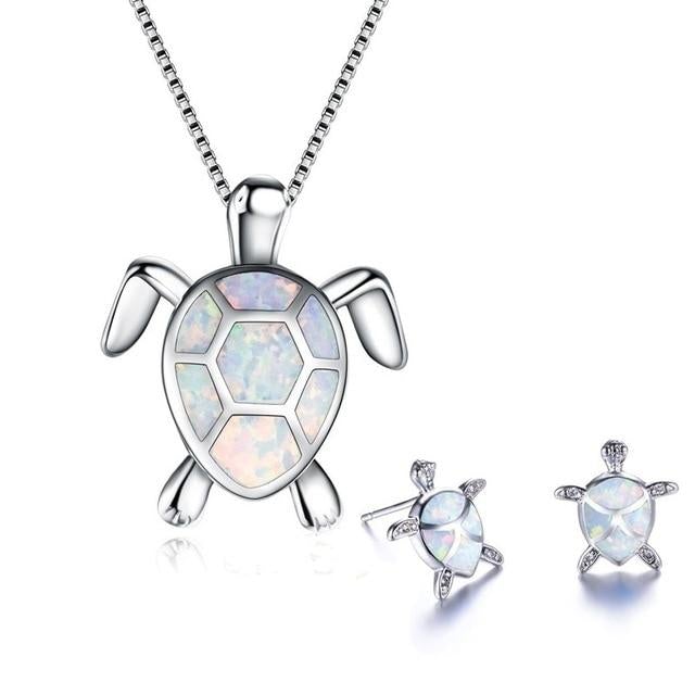Set Necklace + Earrings with Sea Turtle Pendant made of Opal and Silver