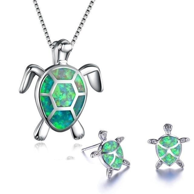 Sea Turtle Necklace + Earring Set in Opal and Silver
