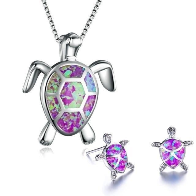 Sea Turtle Necklace + Earring Set in Opal and Silver