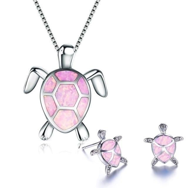 Sea Turtle Necklace + Earring Set in Opal and Silver