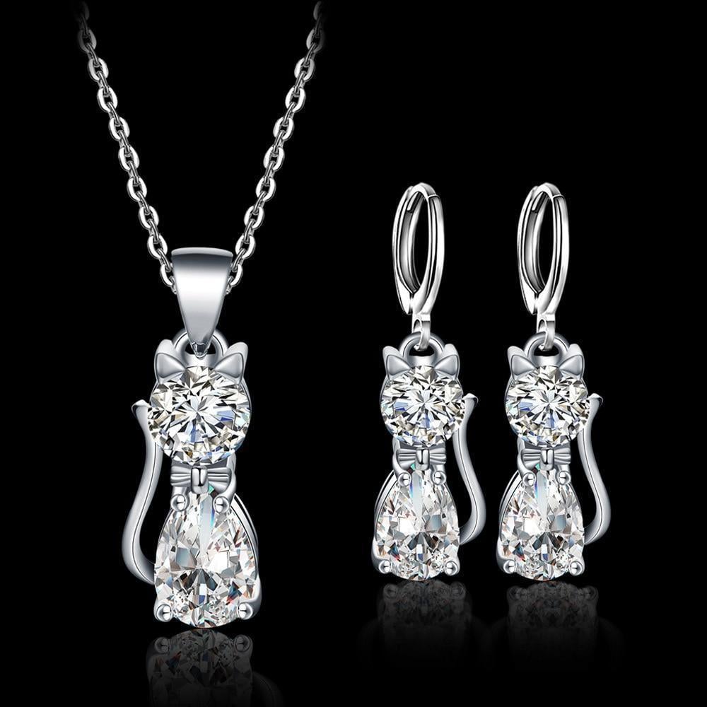 Set Necklace + Earrings Happy Cats in Sterling Silver and Polished Zirconium