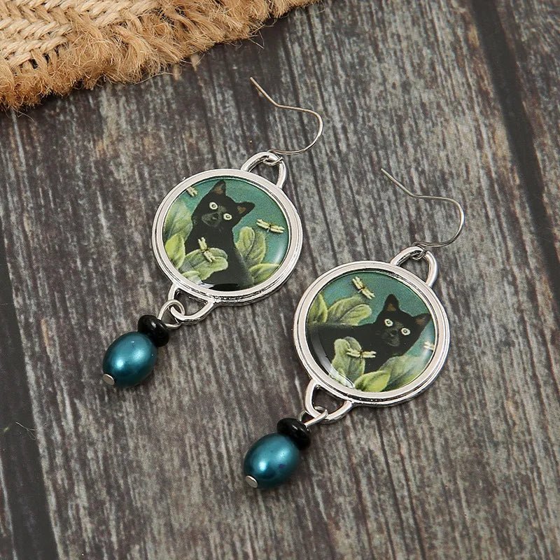 Vintage Tropical Black Cat Earrings