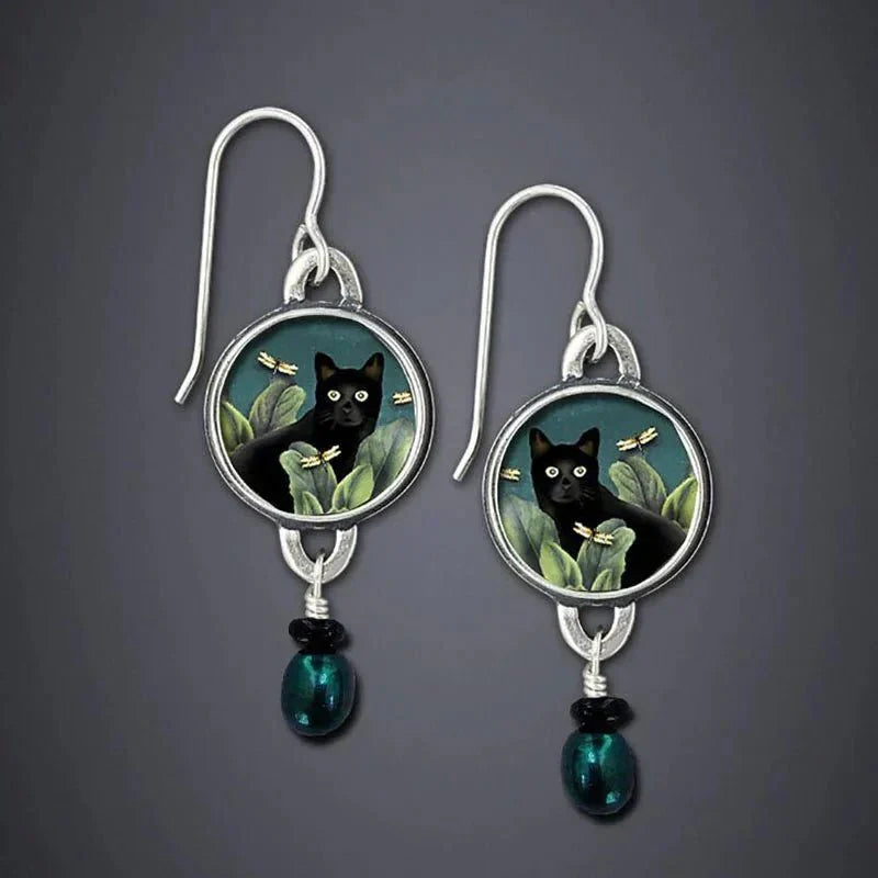 Vintage Tropical Black Cat Earrings